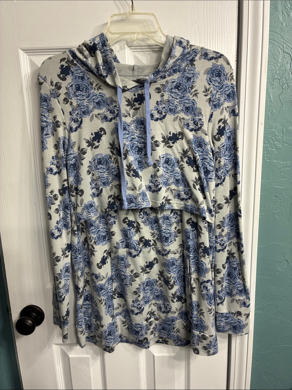 Latched Mama Gray Hooded Nursing Top with Blue Floral Trim